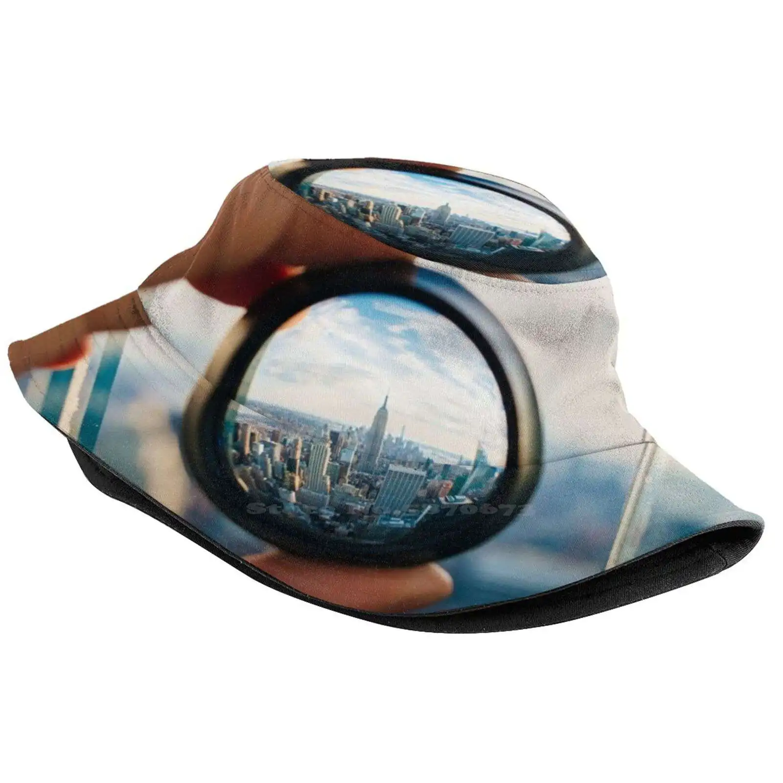 Man Holding A Lens Over Manhattan Korean Caps Funny Beach Bucket Hats Lens Vision View Future Goal Travel Destination Hand Nyc