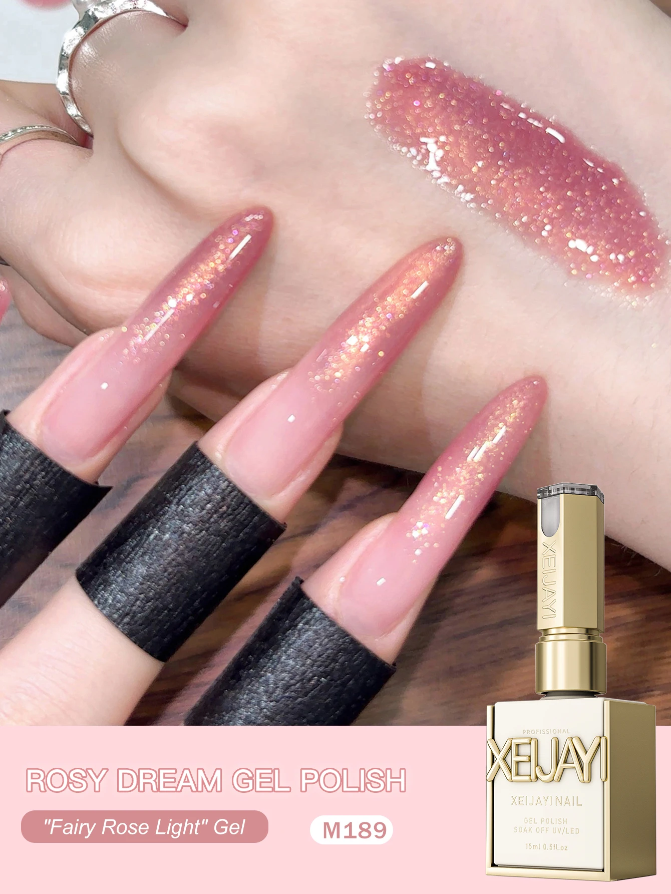 XEIJAYI Pink Nail Polish, Shiny Reflective with Glitter, UV/LED for Home and Nail Salon Use