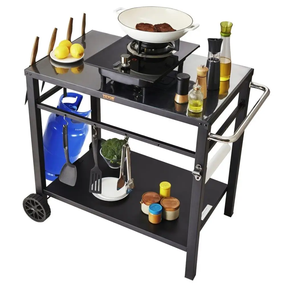 

Outdoor Grill Dining Cart Double Shelf Movable Prep Table Iron Modular Design 2 Wheels for pizza Oven Black