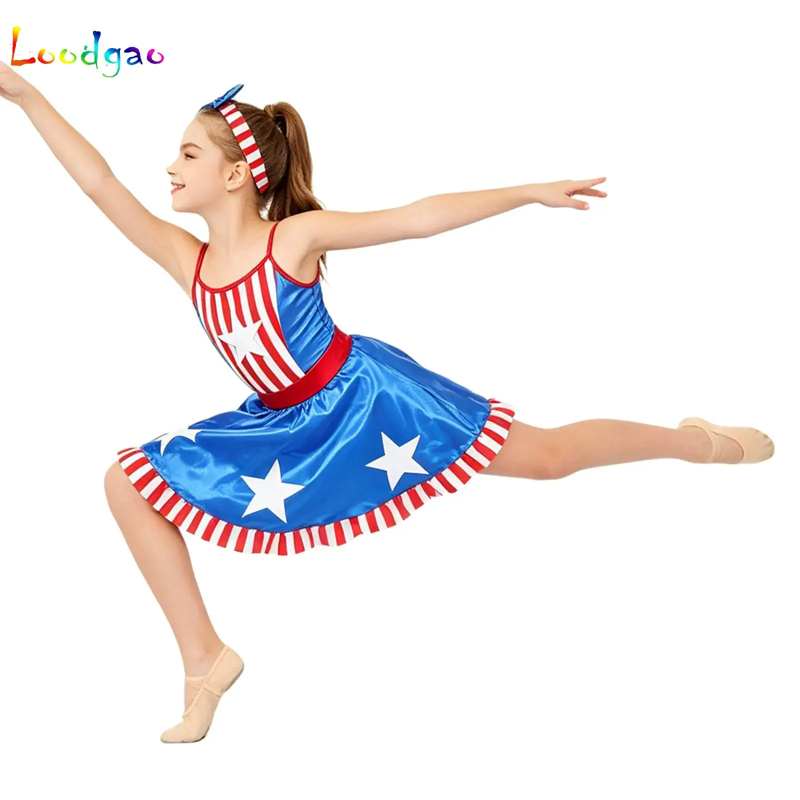 Girls Stars Striped Tulle Dress Metallic Shiny Sling Tutu Dress Figure Skating Ballet Leotard Dresses Independence Day Costume