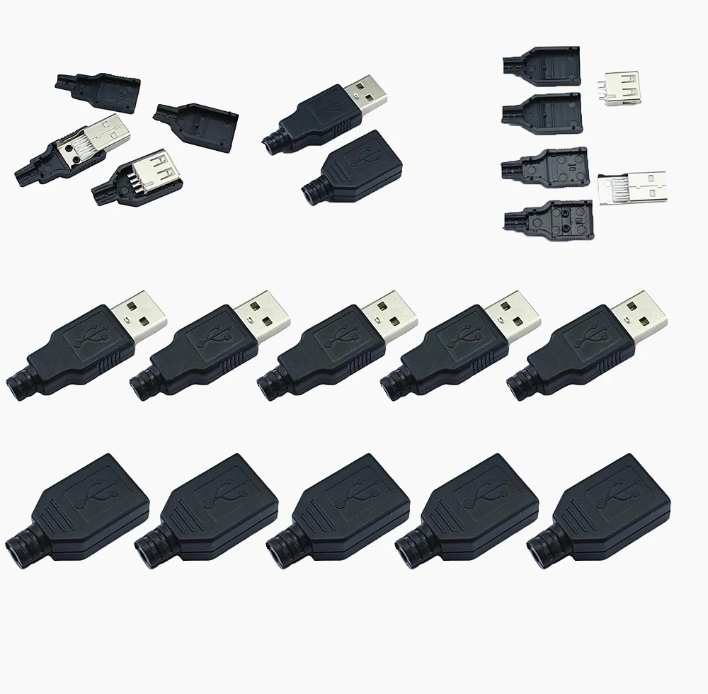 10PCS USB 2.0 Type A Male Female USB 4 Pin Plug Socket Connector  Black Plastic Cover Type-A DIY Kits