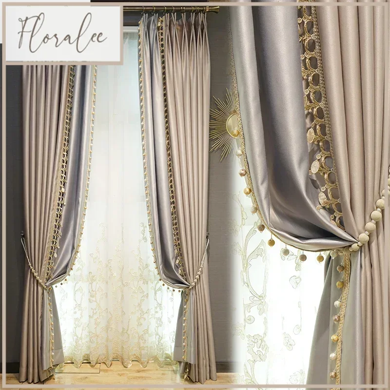 

French Luxury Pink Purple Lace Patched Curtains For Bedroom Living Room French Window Balcony Window Customized