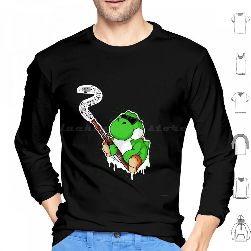 

Green Dinosaur Playing Bassoon Hoodies Long Sleeve Classical Music Video Game Arcade Games New Designs Cool Games Animals