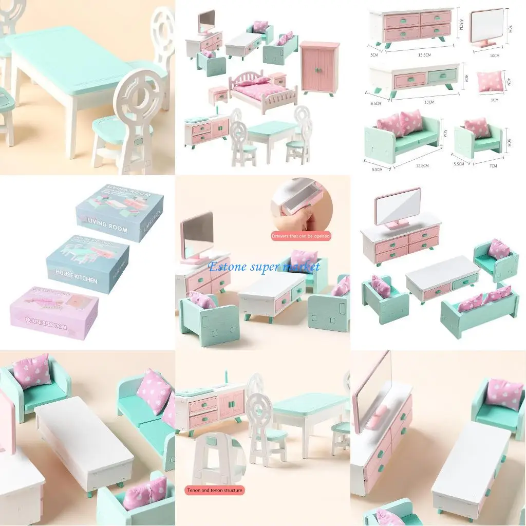 Mini chambre à coucher en bois, salon, salle à manger, accessoires, jouets pour enfants, cadeau, 090B