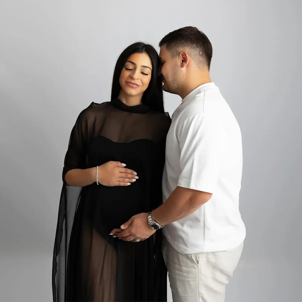 Maternity Photoshoot Translucent Black Dress Chiffon Cloak Pregnancy Photography Props Dresses Simple Cape For Pregnant Women view 6