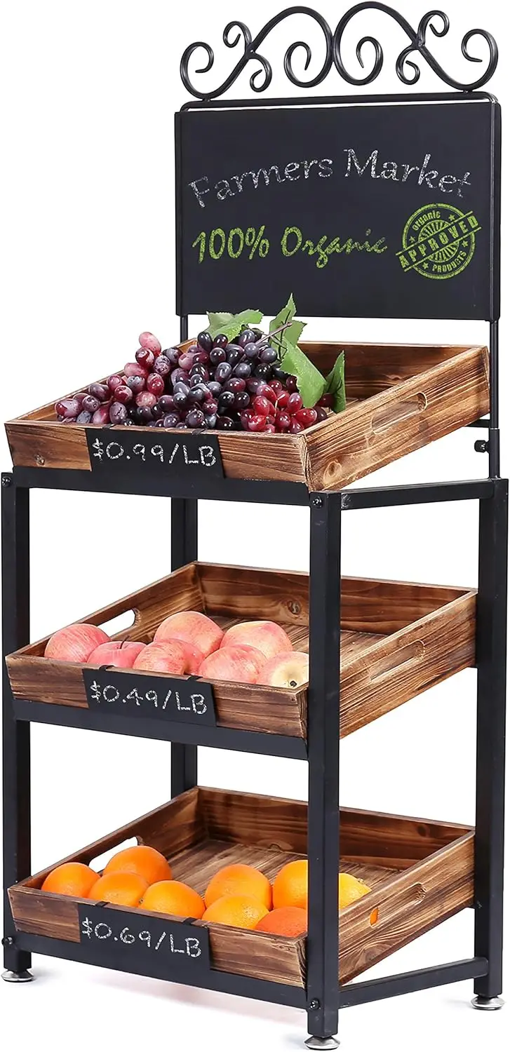 Vintage Metal bağlantısız meyve ve 3 katmanlı yanmış ahşap teşhir tepsisi raf ve dekoratif kara tahta işaretleri ile Stand üretmek