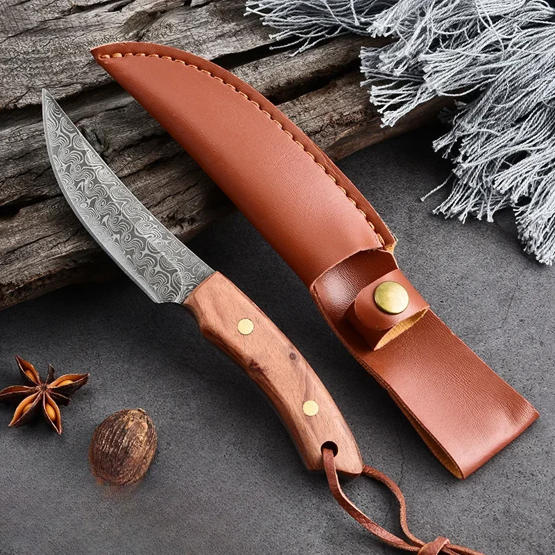 

EDC Multipurpose Knife with Ergonomic Wooden Handle, Durable Damascus Blade and Leather Sheath, Perfect for Outdoor Activities