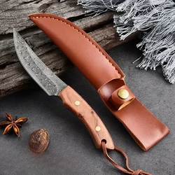 EDC Multipurpose Knife with Ergonomic Wooden Handle, Durable Damascus Blade and Leather Sheath, Perfect for Outdoor Activities