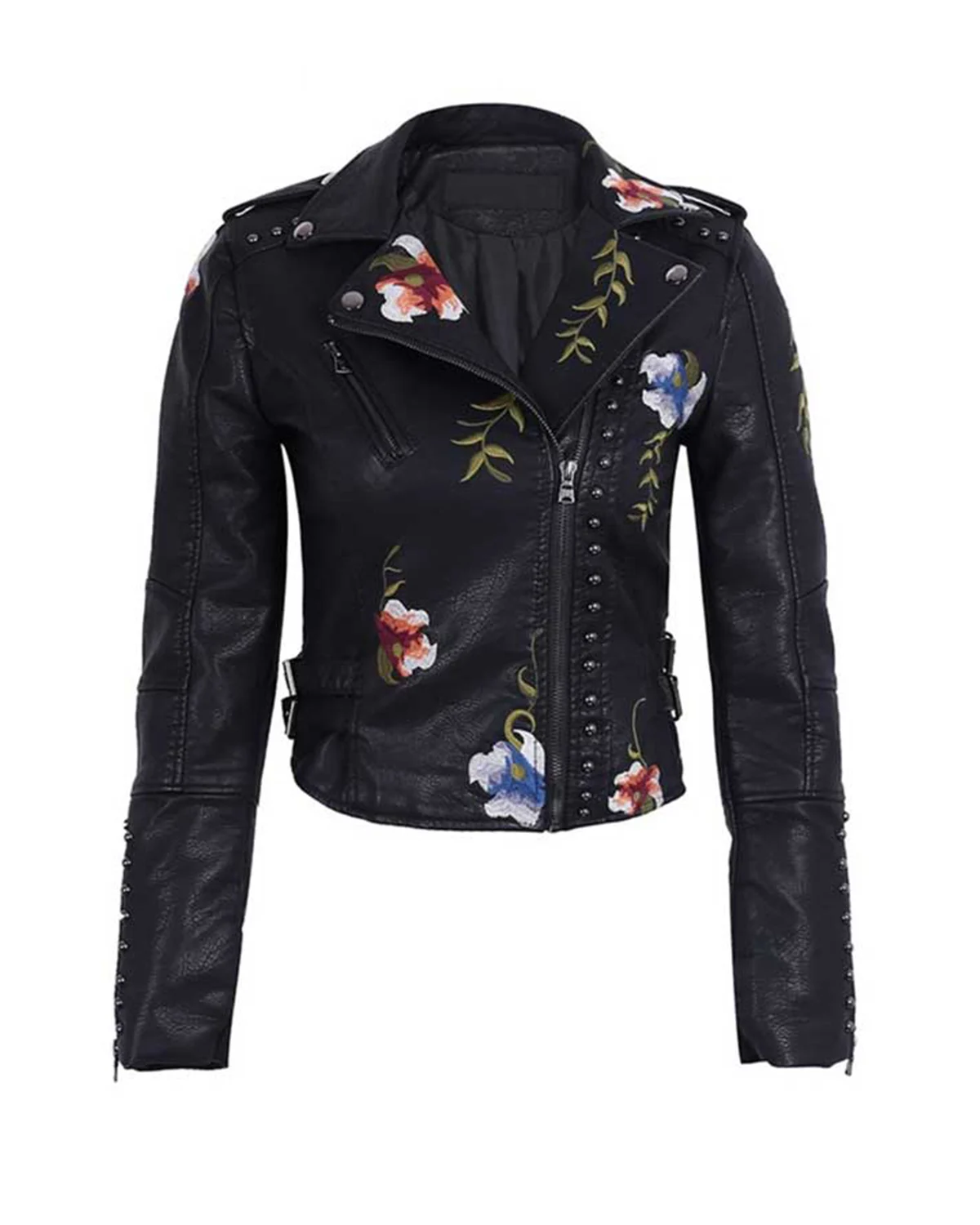 Women\'s Floral Embroidered Faux Leather Moto PU Jacket Biker Bomber Coat