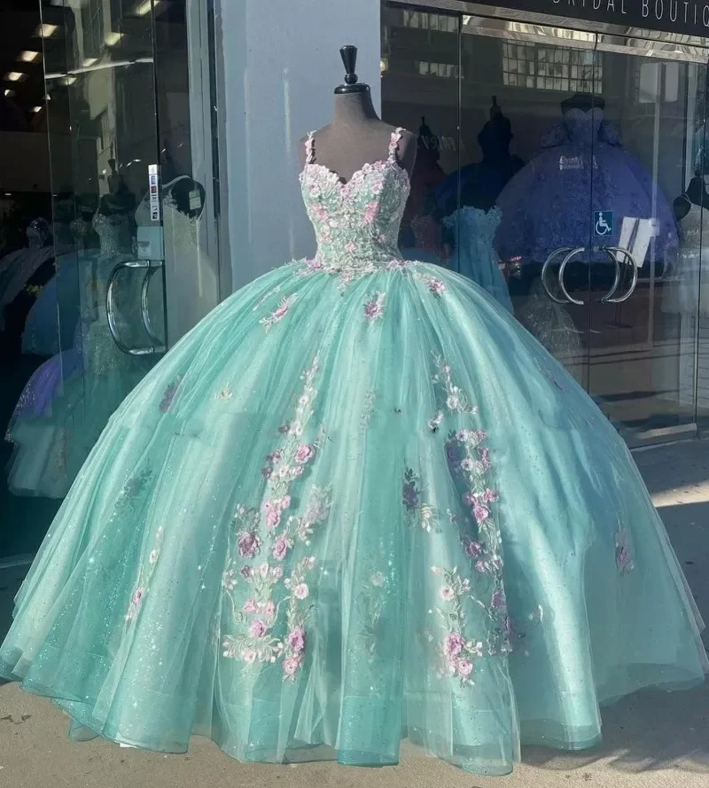 Vestidos Quinceanera Princesa Verde Menta, Apliques de renda fora do ombro, vestido de baile de cristal, Sweet 16 Dress, Plus Size, 2024