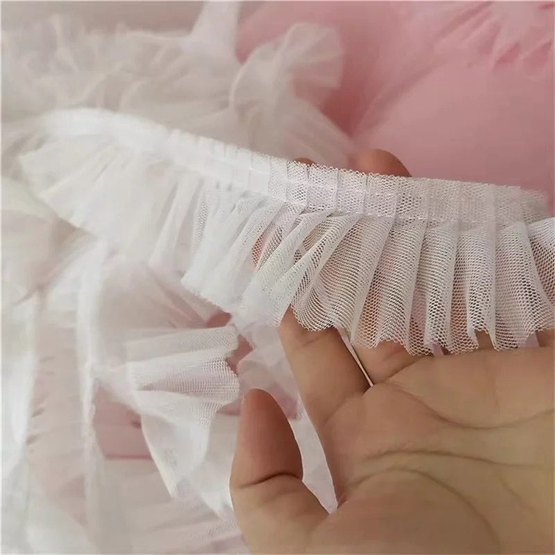 5CM Wide Double Layers 3D Pleated Mesh Lace Fabric Ruffle Trim Embroidered Collar Ribbon Sewing Clothing Skirt Splicing Material