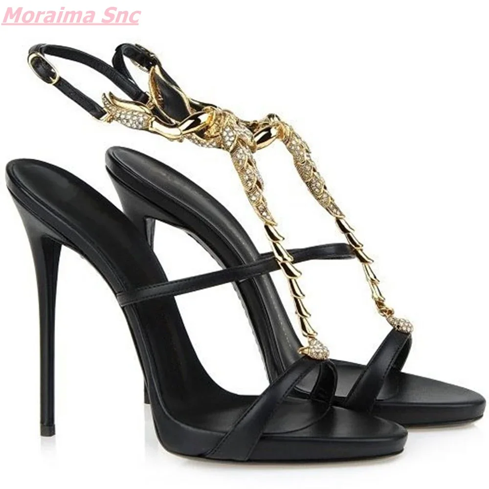 

2025 Summer Fashion Women Sandals Black Diamond Thin High Heel Sexy Metal Decoration Leather Open Toe Comfortable Party Shoes
