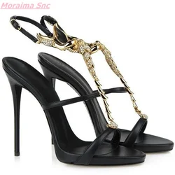 2025 Summer Fashion Women Sandals Black Diamond Thin High Heel Sexy Metal Decoration Leather Open Toe Comfortable  Party Shoes
