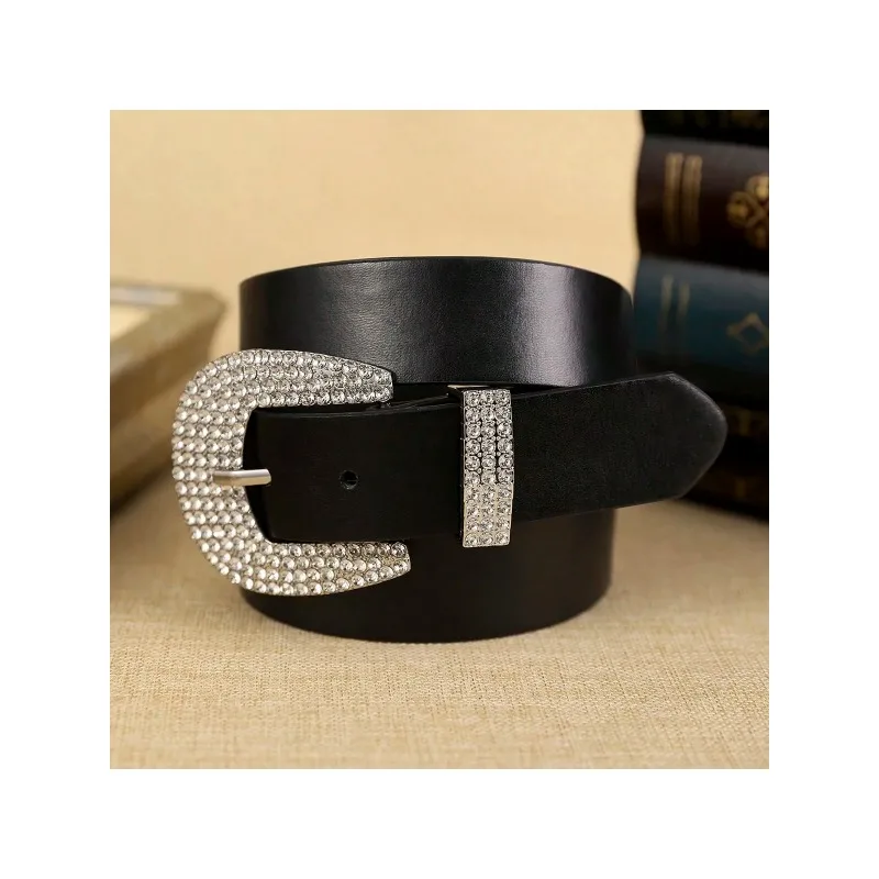 

1 женский черный ремень из искусственной кожи, повязка на голову с пряжкой в виде бриллианта, модная и стильная одежда, трендовый стиль, модный образ.