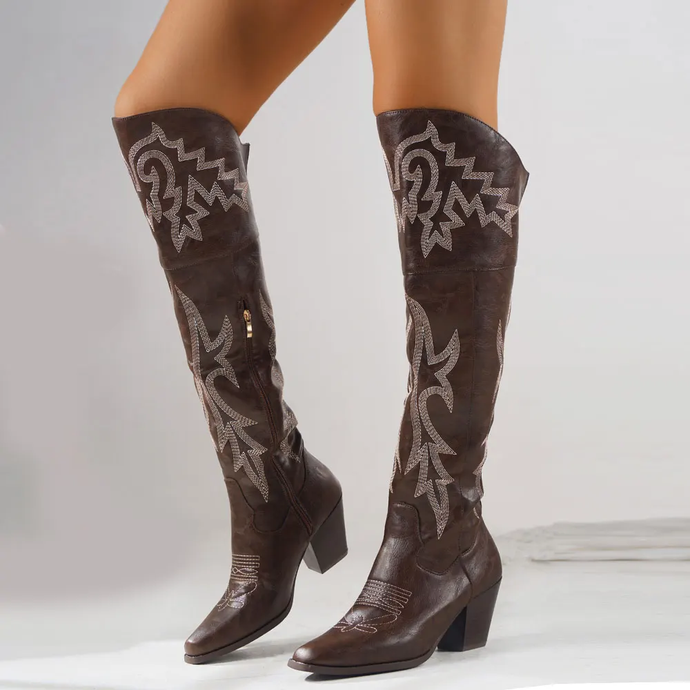 2024 Big size 43 High Quality Retro Women's Brown Cowboy Boots High Heels Over the Knee Western Boots Vintage Long Shoes