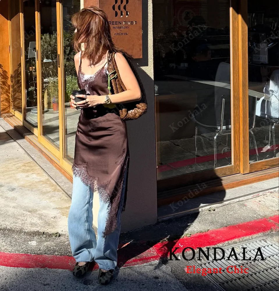 KONDALA Women Elegant Lace Y2K Dress Satin Asymmetrical Halter Mini Dress 2025 Fashion High Street Party Romantic Lady Dress