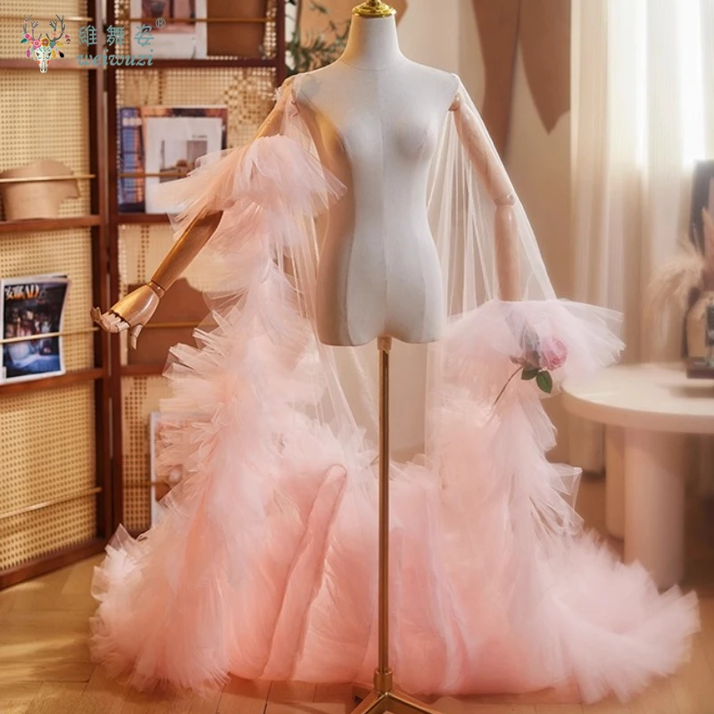 

Pink Mesh Handmade Shawl Jacket with Large Tail Evening Dress Accessories