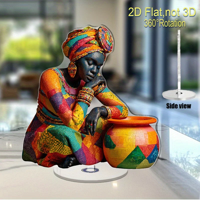 2D Flat, Rotating African Woman Figurine - Spinning Base Suitable for Home & Office Desk Decor, Vibrant Acrylic Cultural Statue