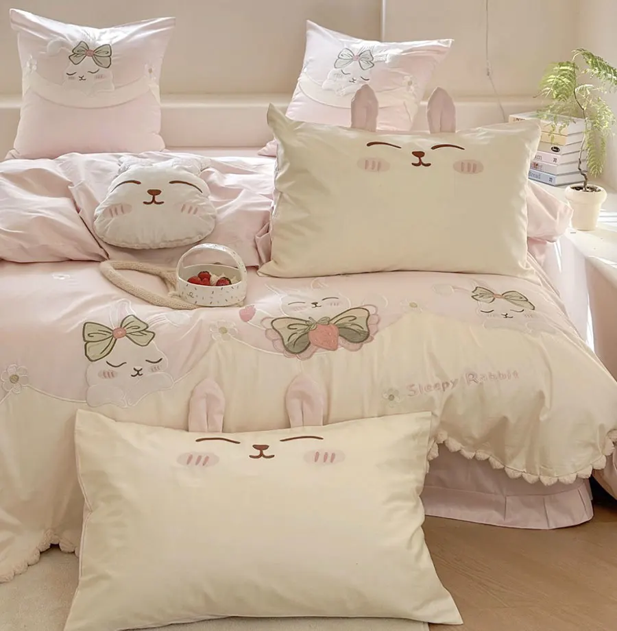 Cute cartoon rabbit bedding set 1.5 1.8 2.0,full queen king kawaii bunny cotton home textile bed sheet pillow case quilt cover