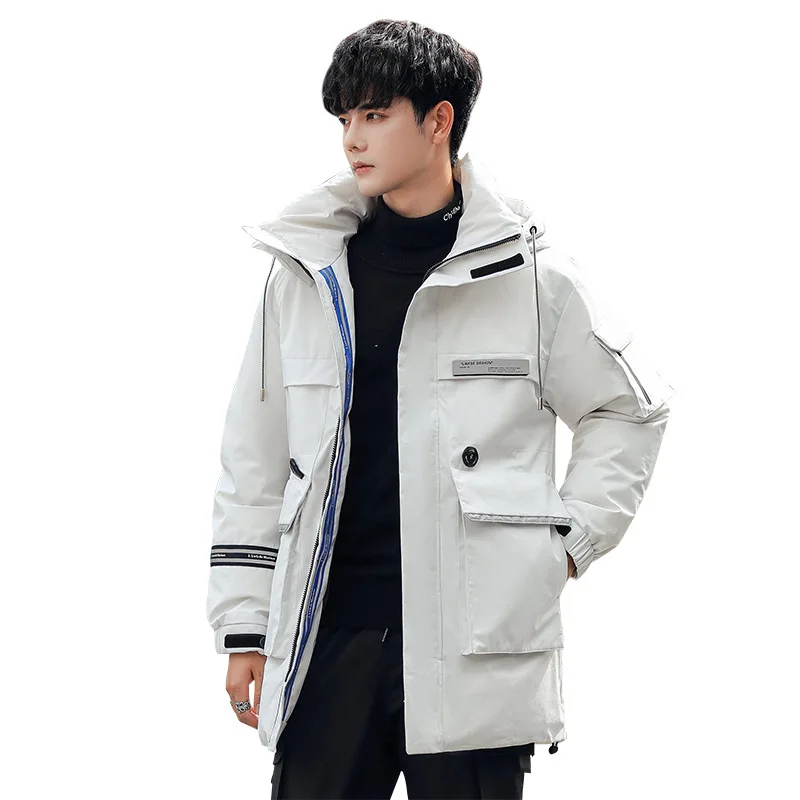 Winter White Duck Down Printed Down Jacket Men\'s Medium and Long Thick Warm Loose Northern Cold-proof Hooded Work Coat