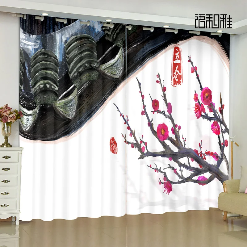 Custom Window Curtain Chinese Ancient Wall Landscape Painting Living Room Balcony Semi-shade Sunscreen Curtain cortinas 2panels