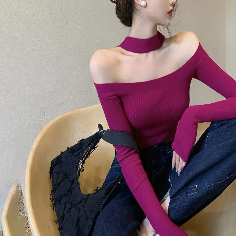 Women\'s Halter Neck Backless Slim Sweater Off Shoulder Knit Long Sleeve Tops Basic T Shirts