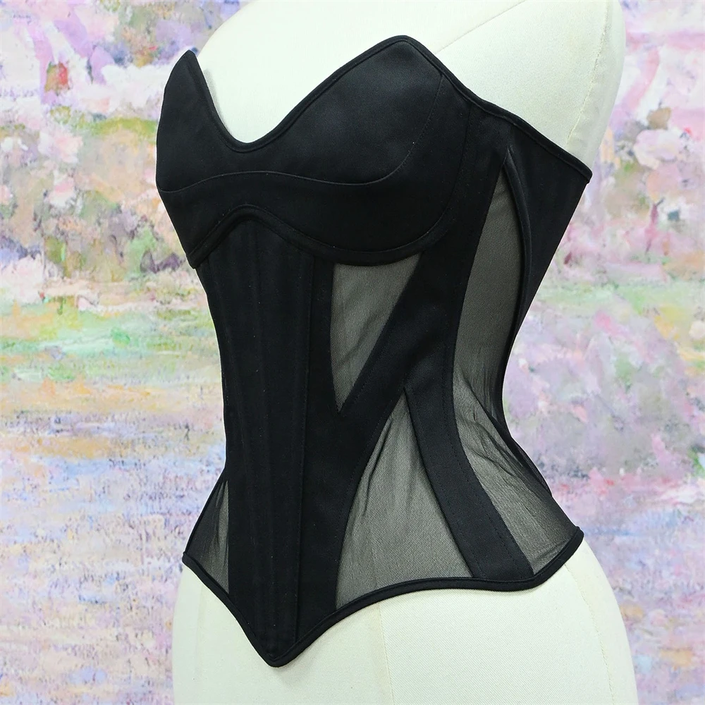 Women Overbust Corsets Cup Push Up Transparent Mesh Bodices Wedding Tops Lace-up Boned Shaping Tops Sexy Strapless Bustier