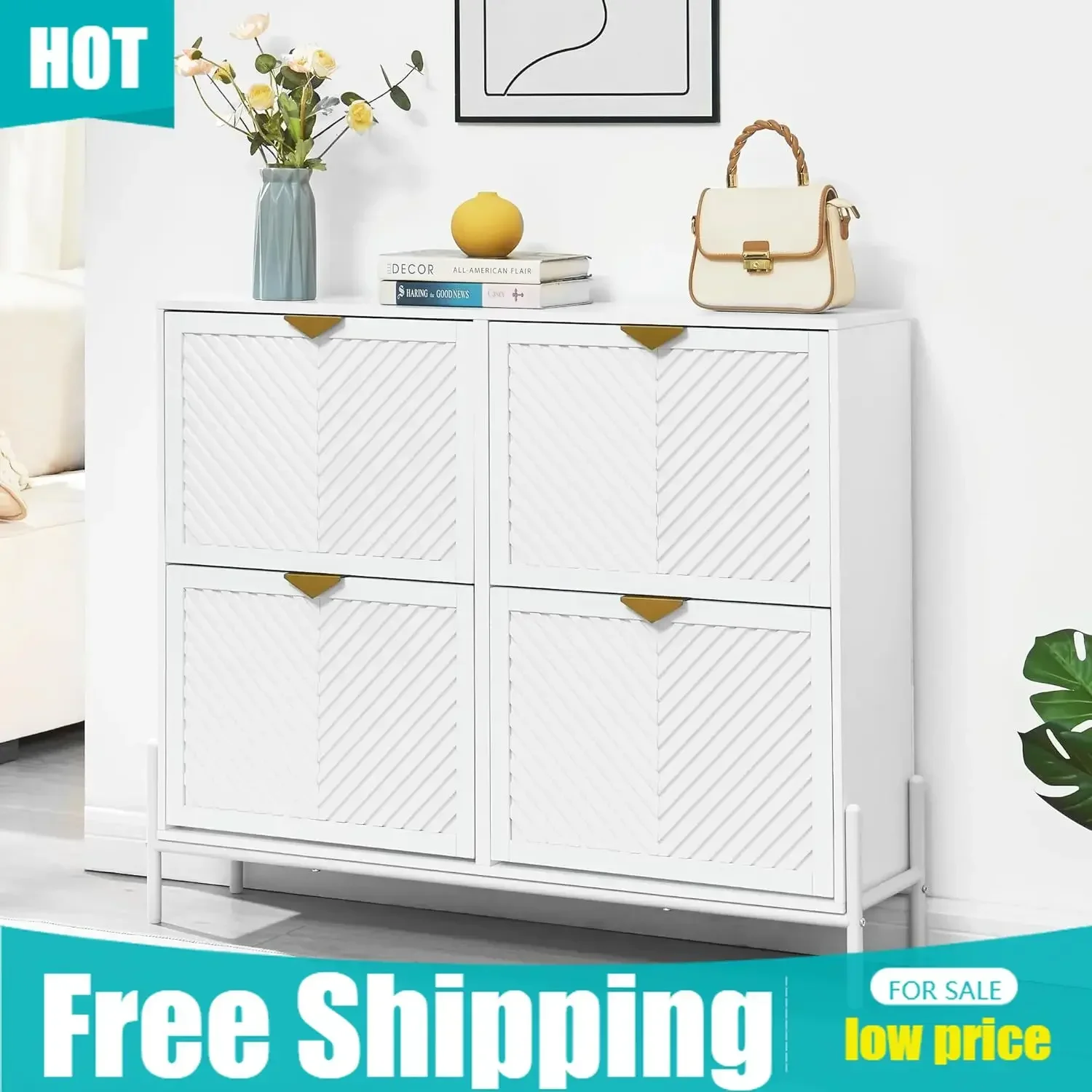Shoe Cabinet Storage with 4 Flip Drawers, Narrow Hidden Shoes Organizer Cabinet for Entryway, Freestanding Slim Shoe Rack Front