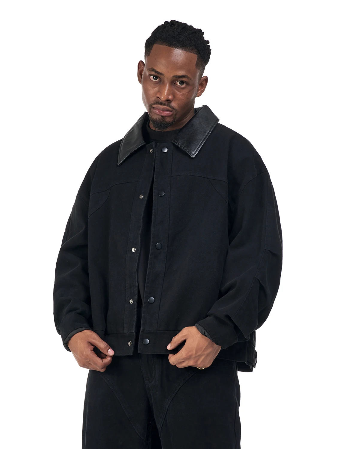 

MT99 American Sle PU Leather Collar Jaet Vintage Barn Loose Open Cardigan Button Splicing Men's Women's Cotton Coat