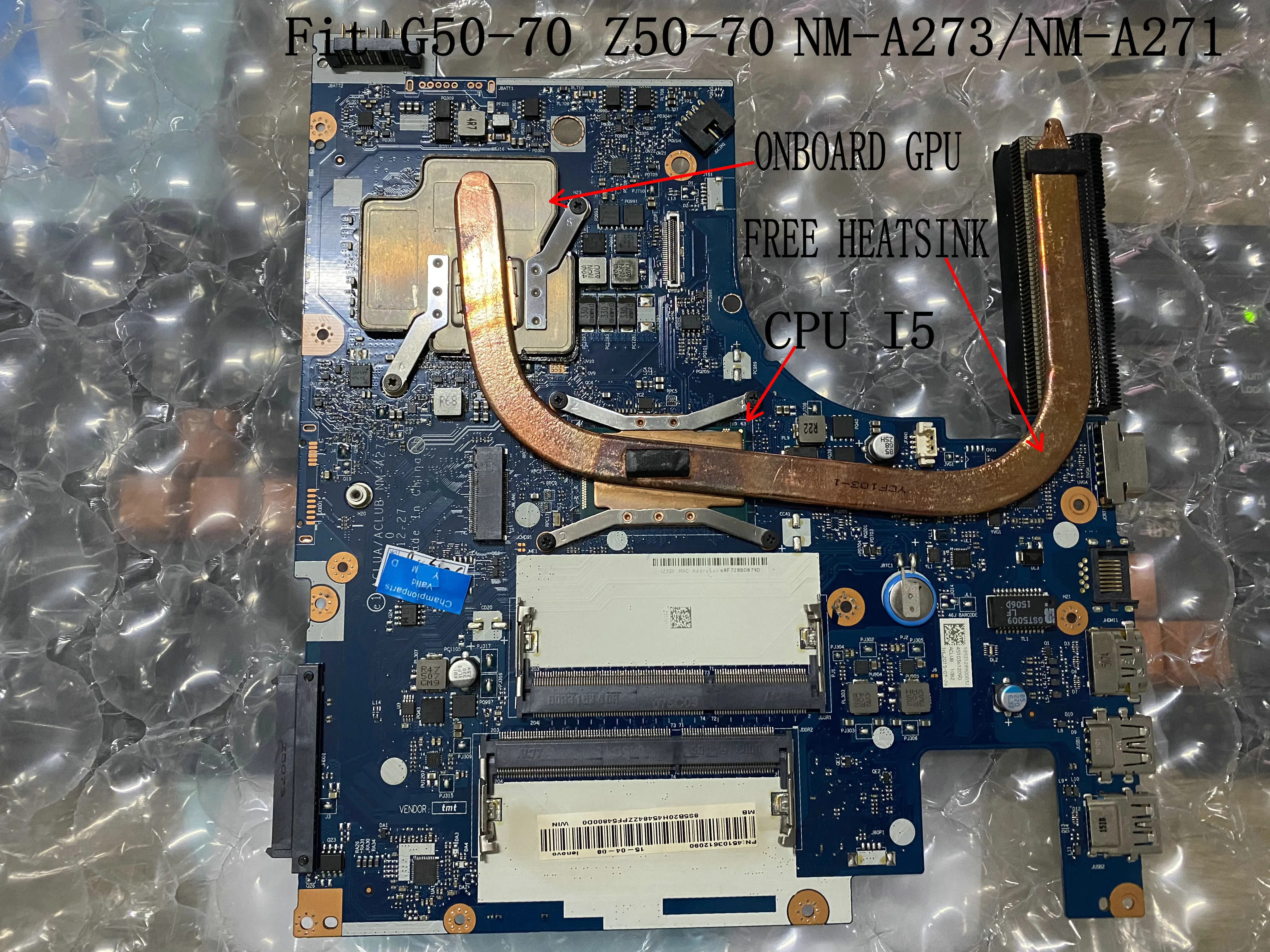 

FAST SHIPPING ACLUA / ACLUB NM-A273 FOR LENOVO Z50-70 NOTEBOOK MAINBOARD CPU I5 GPU GT820M / GT840M +HEATSINK