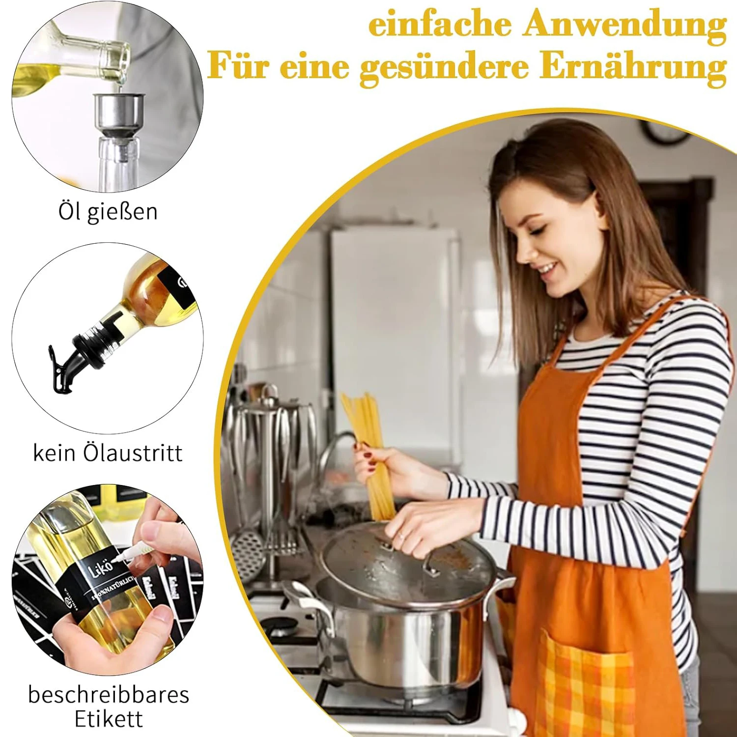 160 ml Ölflasche aus Glas, auslaufsicher, für die Küche, Gewürze, Sojasauce, Essigflasche, transparente Olivenölflasche mit schwarzen Etiketten – Detail 6