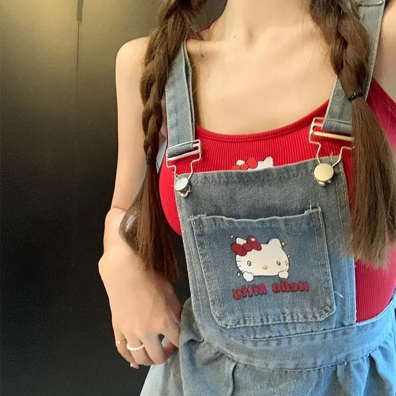 Sanrio Hello Kitty Suspender Skirt Dress, Sweet, Casual, Fashionable, Cute and Age-Reducing Love Denim Skirts for Pretty Girls