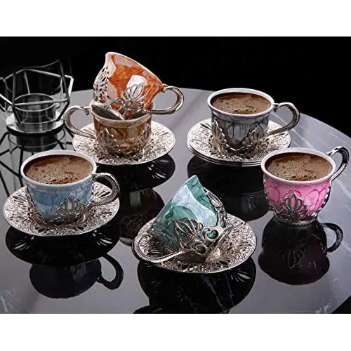 LaModaHome Espresso Coffee Cups with Saucers Set of 6, Porcelain Turkish Arabic Greek Coffee Cup and Saucer, coffee Cup for Wome