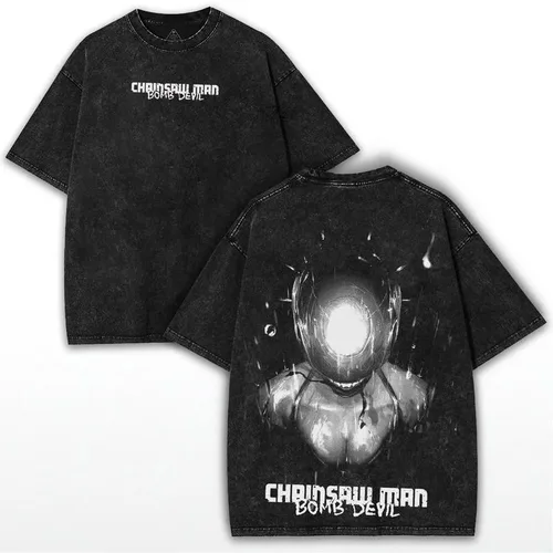 Imagen 2 del producto Camisetas con estampado de motosierra de Anime para hombre y mujer, camisetas de calle Vintage lavadas de gran tamaño, ropa informal de algodón de alta calidad