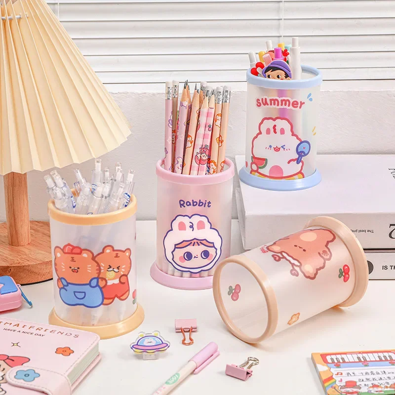 INS Cute Bear Bunny Pen Holder Kawaii Transparent Stationery Organizer Desktop Korean Cosmetics Storage Box Office Supplies