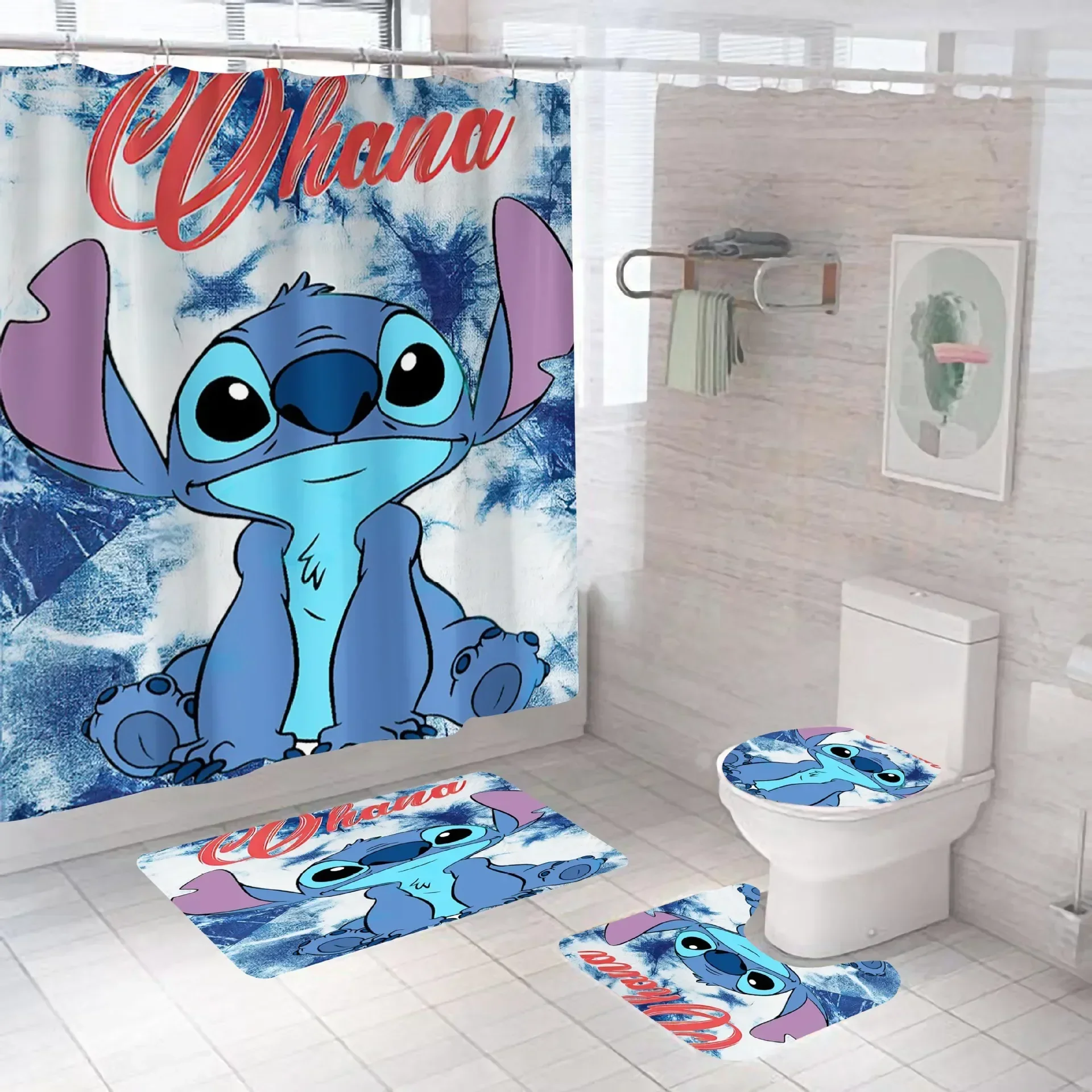 Disney Stitch Bathroom Curtains Shower Curtain Set for Bathroom Cartoon Ornate Bath Rug Decor