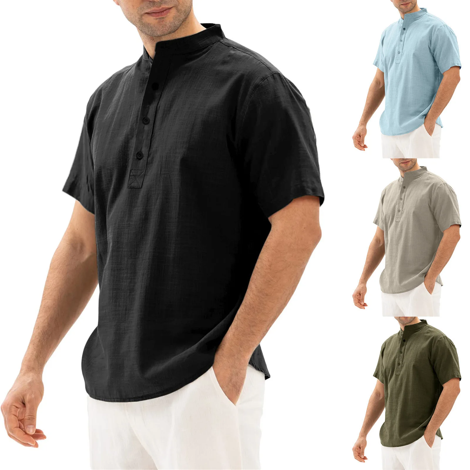 Camisas casuais de linho algodão masculinas, manga curta, gola alta, verão, camisas masculinas bonito, 2024