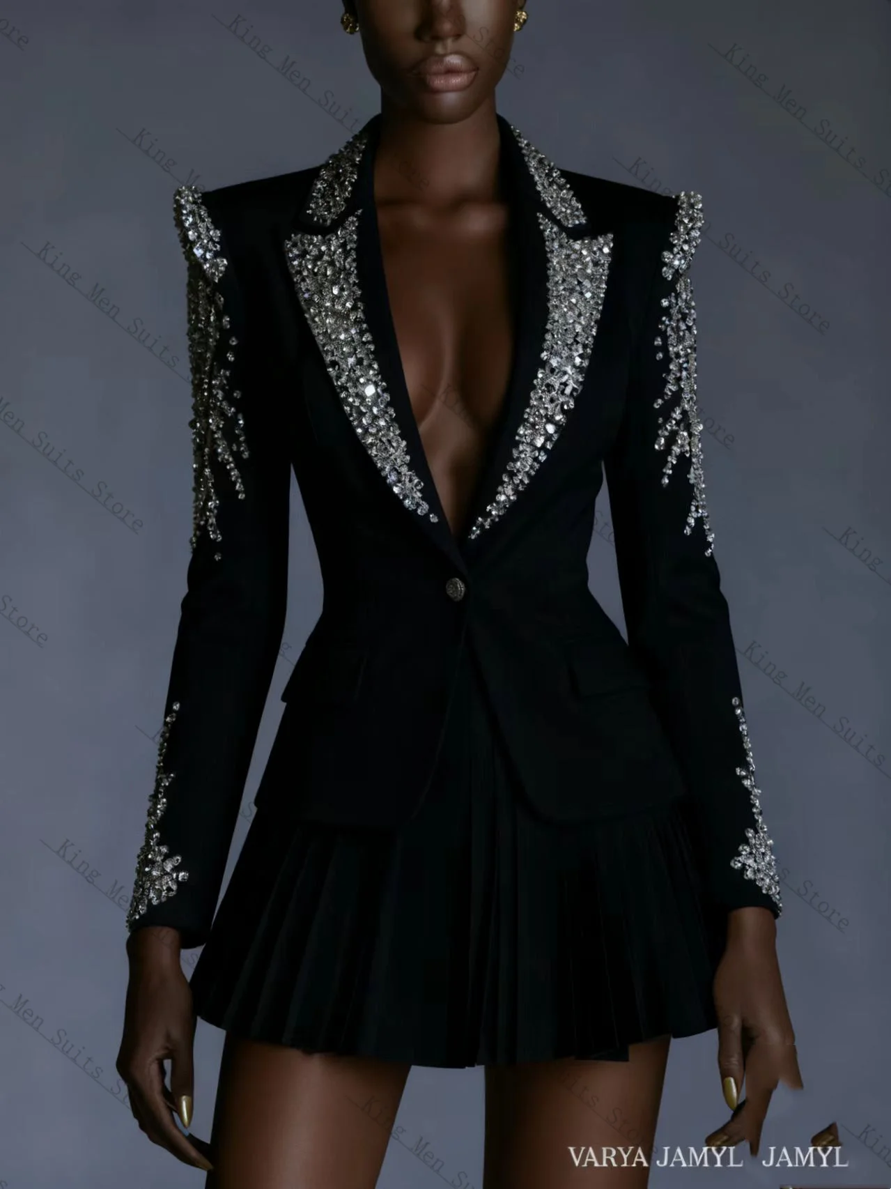 

Grey Crystal Women Suit Skirt Set 2 Pcs Blazer+Ruffles Short Mini Prom Dress Customized Formal Guest Wedding Tuxedos Coat Jacket