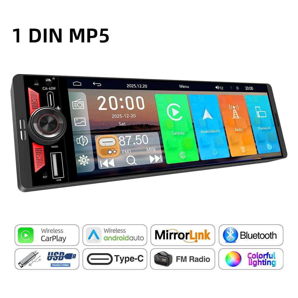 6,5 inch 1Din IPS scherm draadloze Carplay Android Auto Airplay autoradio MP5 speler stereo Bluetooth FM Type-C PD3.0 snelladen