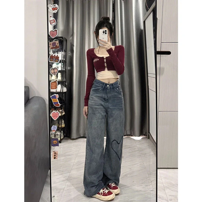 Imagem -03 - Harajuku Baggy Femme Jeans Y2k Azul Escuro Cintura Alta Streetwear 90s Amor Padrão Calças Mulheres Calças Retas Calças Perna Larga