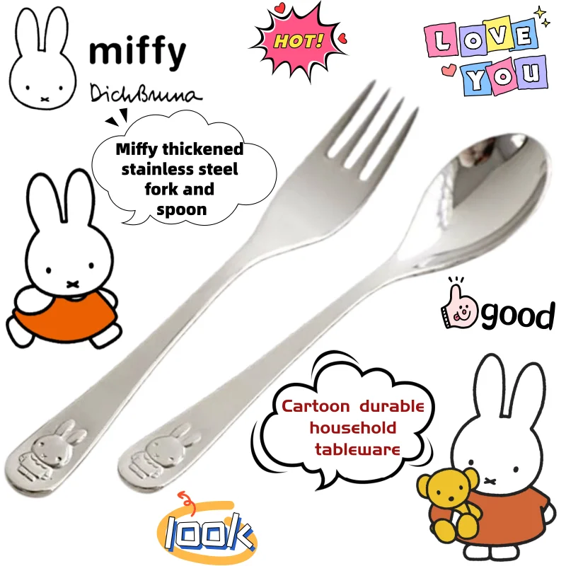 Nueva Vajilla de Acero Inoxidable Grueso con Diseño de Miffy, Cuchara y Tenedor, Mercancía de Anime, Duradera, para el Hogar, Venta al por Mayor