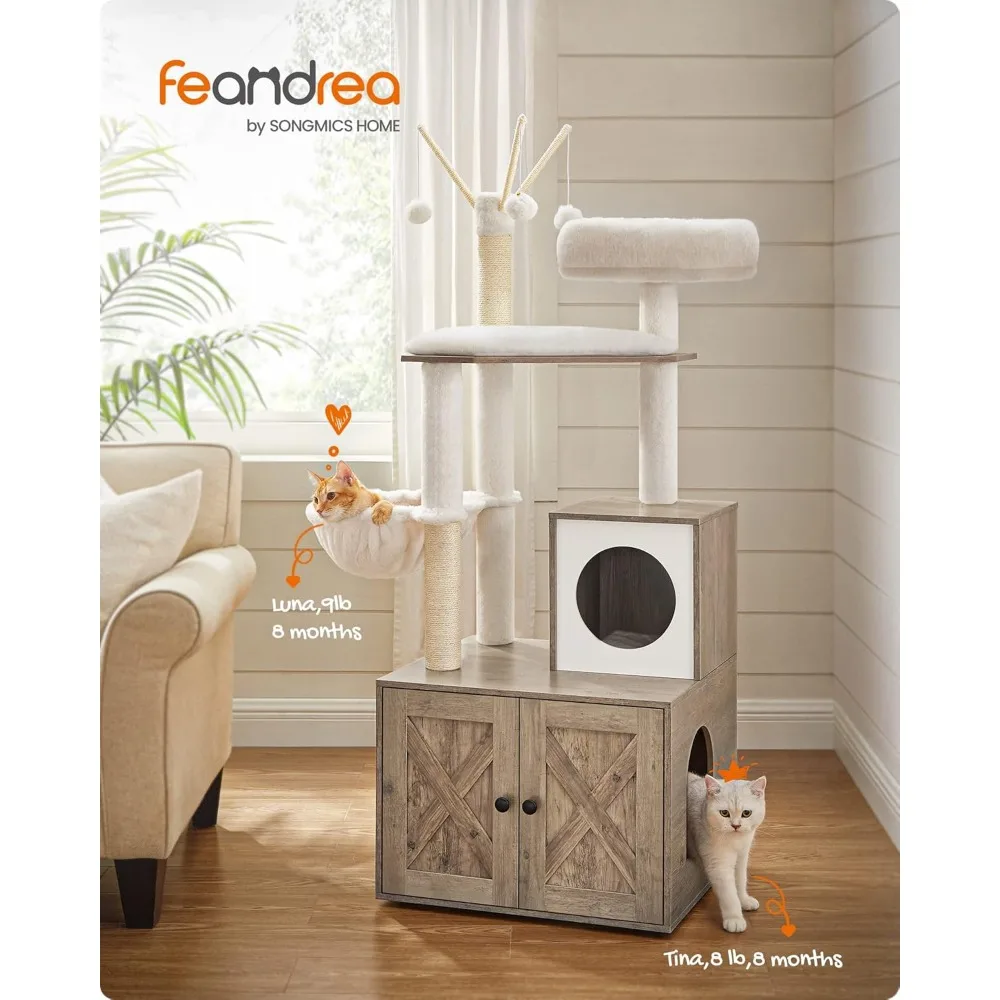 Feandrea Cat Tree with Litter Box Enclosure, 2-in-1 Modern Cat Tower, 55.1-Inch Cat Condo with Scratching Posts, Removable Pompo