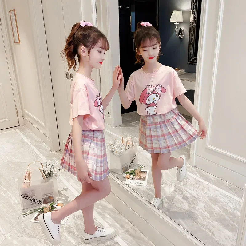 2024 Summer Children's Clothes Kawaii Miniso My Melody Cinnamoroll Girl T-Shirt Jk Plaid Pleated Skirt Anime Cartoon Uniform Set