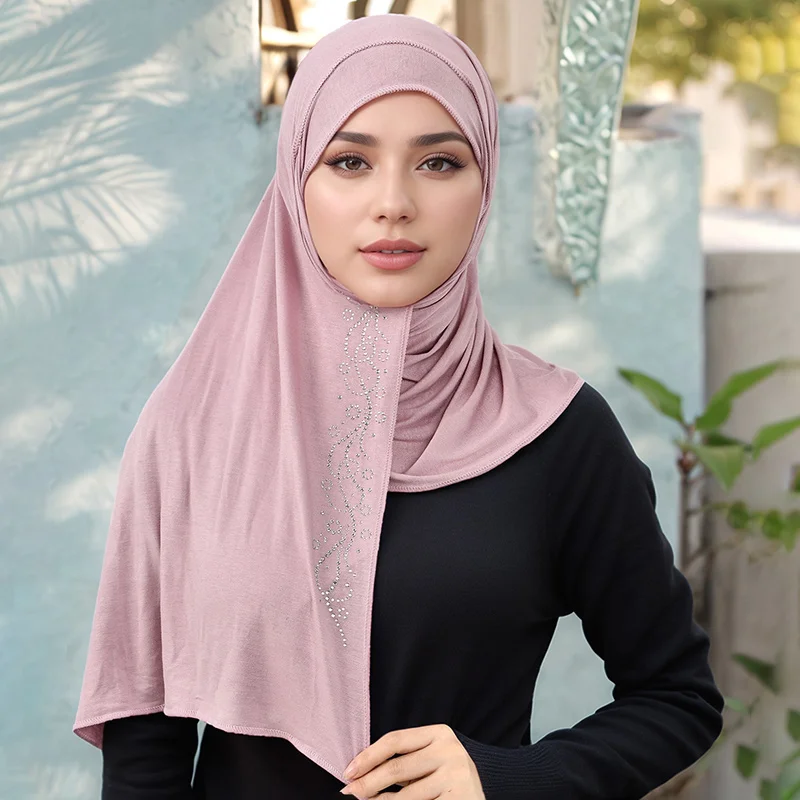 Premium Cotton Jersey Instant Hijab With Rhinestones Double Loop Muslim HeadwrapIslamic Headscarf Scarf Turban Tube