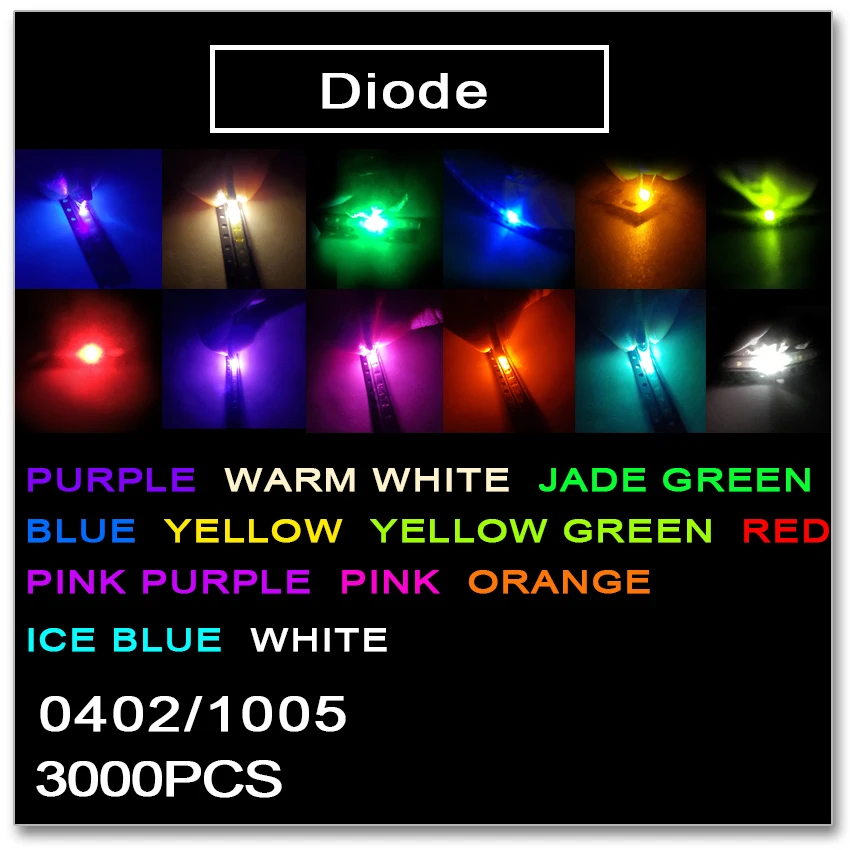 JASNPROSMA-LED SMD 0402 1005, 3000 piezas, rojo, naranja, amarillo, verde, Jade, verde, azul hielo, Blanco cálido, blanco, rosa, púrpura, colores de luz 1x0,5