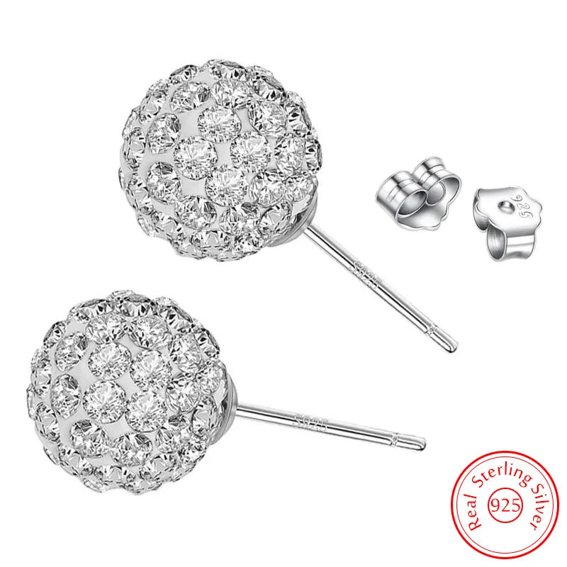 Solid 925 Sterling Silver Woman's New Jewelry Crystal  Ball Shambhala Stud Earrings Fashion XY0198