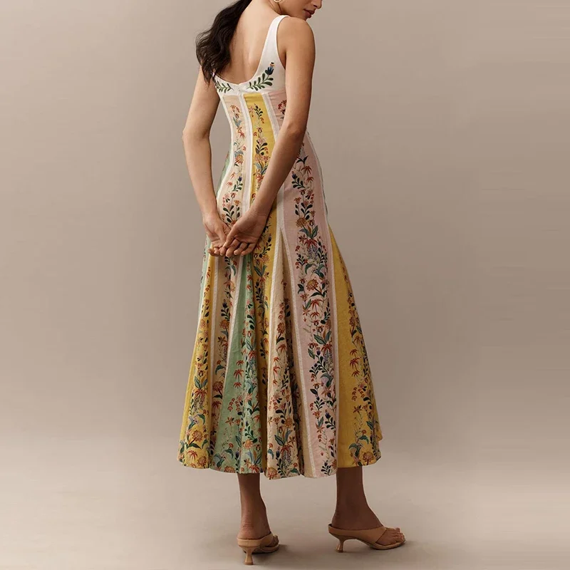 

Temperament Floral Printed Bohemian Slim Robes Casual High Waist Sleeveless Backless Long Dress Lady Elegant Pleated Linen Dress