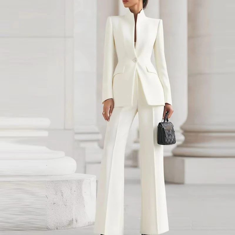 Conjunto Elegante de Blazer de Manga Longa + Calças, Outono, Cor Sólida Simples, Roupa para Trabalho, Conjunto Profissional Feminino Slim Fit