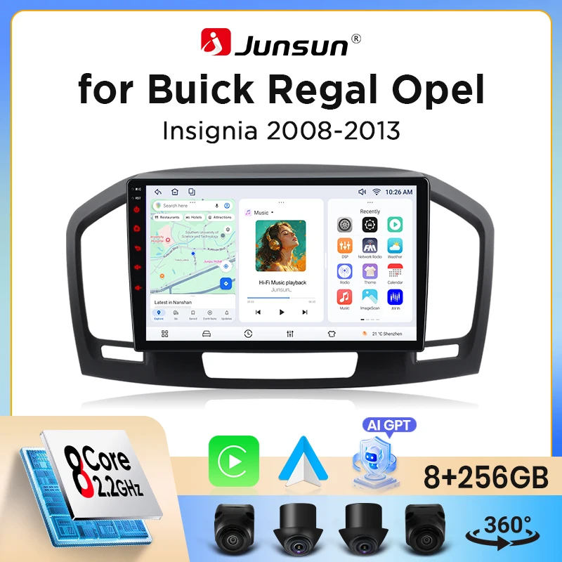 Junsun Wireless CarPlay Android Auto Autoradio für Opel Insignia A (G09) 2008-2017 mit integriertem Lüfter, Android GPS-Navigation, Multimedia-Player, WiFi, DSP, RDS, BT, SWC, IPS-Touchscreen,