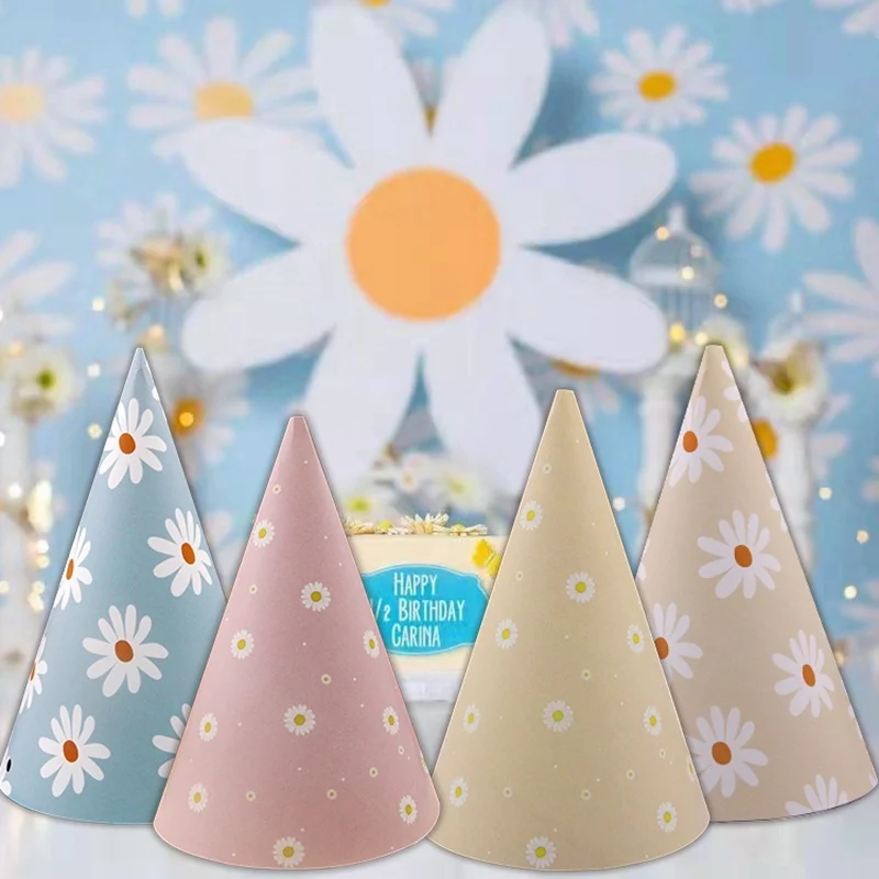6Pcs Daisy Party Hüte Rosa Grüne Blume Papier Hut Für Baby Dusche Daisy Themen Geburtstag Party Dekorationen Kinder Geschenke liefert